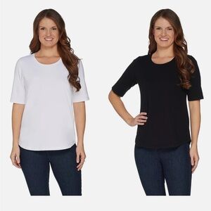 Denim Co Essentials Perfect Jersey 2Pk Elbow Slve Tops-Black/White-Large-A302899